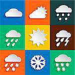 Weather icons in paper style on colored backgrounds. Vector background or separate elements