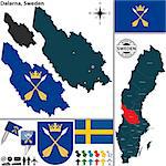 Vector map of county Dalarna with coat of arms and location on Sweden map