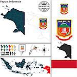 Vector map of region Papua with coat of arms and location on Indonesian map