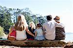 Rear view of family friends sitting on tree trunk at beach, New Zealand