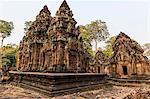 Ornate carvings in red sandstone at Banteay Srei Temple in Angkor, UNESCO World Heritage Site, Siem Reap, Cambodia, Indochina, Southeast Asia, Asia