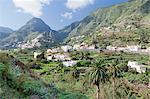 Hermigua, Roques de San Pedro Rock, terraecd fields, La Gomera, Canary Islands, Spain, Europe