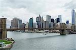 High angle view of Brooklyn Bridge and Lower Manhattan skyline, New York City, New York, United States of America, North America