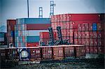 Cargo containers stacked in harbor, Tacoma, Washington, USA