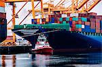 Container ship and tugboat in harbor, Tacoma, Washington, USA