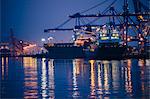 View of cargo ships and gantry cranes in harbor at night, Tacoma, Washington, USA