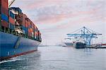 Container ship on river harbor, Tacoma, Washington, USA