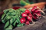 Fresh radishes on cutting board