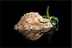 Luxurious natural sea salt flakes with fresh rosemary isolated on black background.