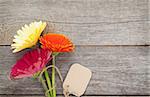 Three colorful gerbera flowers with tag on wooden table