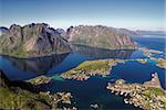 Scenic aerial view of town Reine and surrounding fjords on Lofoten islands