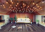 hanging sofa in the attic interior, decorated  with vintage lamps. 3D design concept