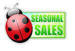 seasonal sales banner - text in green spring label with red ladybird and white flowers, business concept