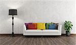 Retro living room with colorful couch on wooden floor - 3D rendering