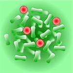 Red virus cells among other healthy green cells on green background with gradient