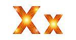 Set of English letters signs uppercase and lowercase X, stylized gold and orange holiday firework with stars and flares, elements for web design.