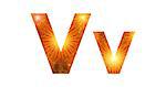 Set of English letters signs uppercase and lowercase V, stylized gold and orange holiday firework with stars and flares, elements for web design.
