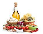 Fresh ingredients for cooking: pasta, tomato, mushroom and spices. Isolated on white background