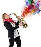 Woman plays beautiful notes from her saxophone
