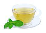 A cup of green tea with mint sprig isolated on a white background.