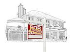 Custom House and Sold Real Estate Sign Drawing on White Background.