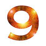 Mathematical sign, number nine, stylized gold and orange holiday firework with stars and flares, element for web design.