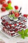 Chocolate dessert with strawberries, whipped cream and mint.