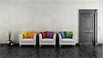 Retro living room with colorful armchair and blck closed door  - 3D rendering