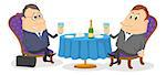 Two respectable men sitting near the table and raising a toast, celebrating a successful transaction, funny cartoon illustration, isolated on white background.