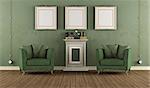 Green vintage room with two armchairs and pedestal - 3D Rendering