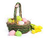 Easter eggs basket and yellow tulips. Isolated on white background