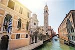 Spring view in sunny day of San Giorgio dei Greci with campanile on Rio del Greci, Venice, Veneto, Italy