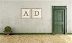 Vintage room with green door and two paintings on the wall with three-dimensional letters- 3D Rendering