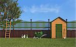 Garden with gardening tools,wooden shed ,fence and apple tree - 3D Rendering