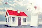 White house with red roof, brown door. Near with house sidewalk sign. Background sun shines brightly and flying hot air balloon. Blue sky