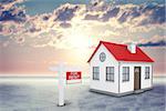 White house with red roof, brown door and chimney. Near there is signboard for rent. Background sun shines brightly on clouds