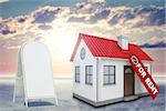 White house with label for rent, red roof, brown door and chimney. Near with house sidewalk sign. Background sun shines brightly on large clouds