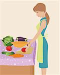 Vector illustration of a young girl cooking