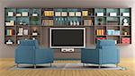 Modern lounge with wall unit,television and two blue armchair - 3D Rendering