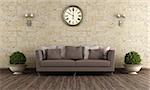 Classic living room with brown sofa against stone wall - 3D Rendering