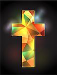 An illustration of a colorful stained glass Christian cross on a black back lit background. Vector EPS 10 available. EPS file contains transparencies.