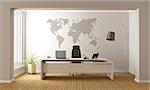 Minimalist office with desk and world map on wall - 3D Rendering