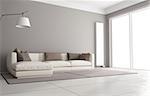 Minimalist living room with elegant sofa, floor lamp and large window - 3D Rendering
