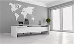 Minimalist office with white desk and world map on wall - 3D Rendering