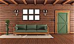 Living room of a wooden house with closed front door and green sofa - 3D Rendering