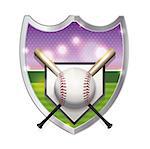 An illustration of a baseball, bats, home plate, and baseball field inside an emblem. Vector EPS 10 available. EPS file is layered and contains transparencies and gradient mesh.