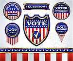 An illustrated set of American election and voting badges, icons, and emblems. Vector EPS 10 available. EPS contains transparencies and each element is grouped separately. All text has been converted to outlines.