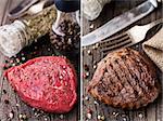 Raw and grilled beefsteak on a wooden board with spices