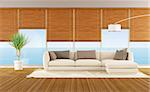 Modern living room with sofa of a beach house - 3D Rendering