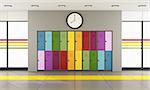 Interior of a modern school with colorful student lockers and large windows - 3D Rendering